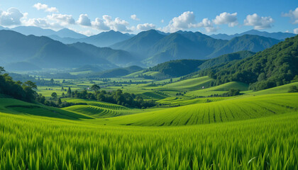Fototapeta premium Green Rice Paddies Stretching Toward the Mountains – Wide Landscape View