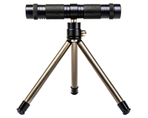 Compact monocular mounted on a stable mini-tripod for observation on a transparent background