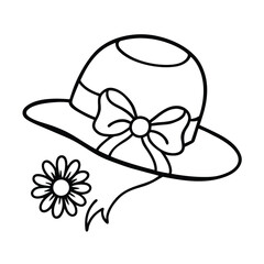 Sunhat with decorative bow and flowers Line Art Vector illustration