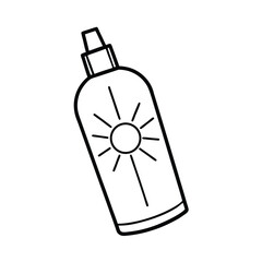 Sunscreen bottle with glowing sun icon Line Art Vector illustration
