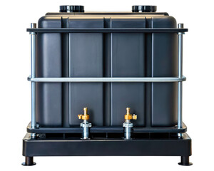 Black liquid storage tank with spigots and metal frame on a transparent background