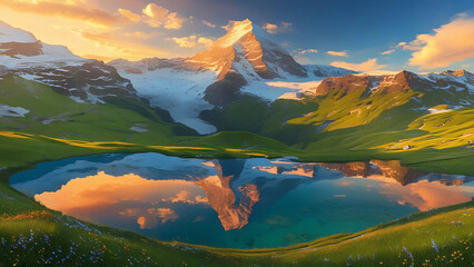 Panoramic mountain landscape with a serene lake reflecting the vibrant sky and clouds