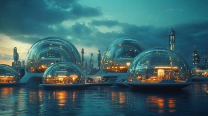 Futuristic cityscape with transparent domes on water reflecting a twilight sky