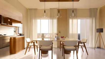 Modern Dining and Kitchen Space with Warm Lighting and