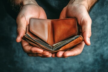 Bankruptcy financial concept, young man opening an empty wallet and stressing about finding money to pay debts or a mortgage., Generative AI