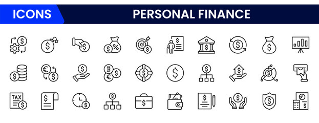 Clear vector web line icons depicting personal finance, budgeting, savings, investments, and financial planning for secure wealth management.