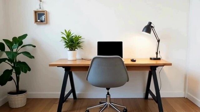 Neatly Organized Home Office Workspace with Minimalist Desk and Green Plant Decor
