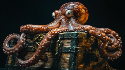 Octopus guarding treasure chest in dark mystery ambiance closeup view