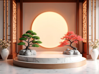 3D rendering modern Chinese style e-commerce product exhibition stand, e-commerce concept illustration