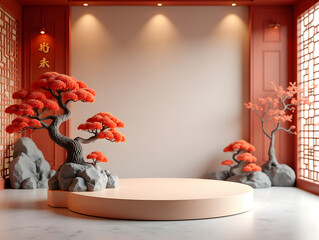 3D rendering modern Chinese style e-commerce product exhibition stand, e-commerce concept illustration