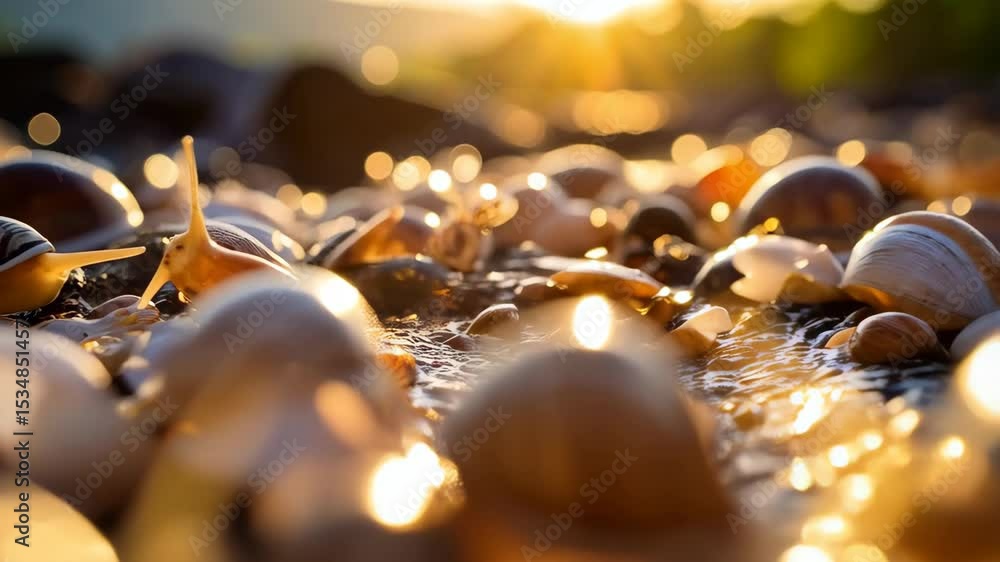 Aufkleber golden hour illuminates numerous snail shells scattered on the ground with abstract, bokeh backgroun