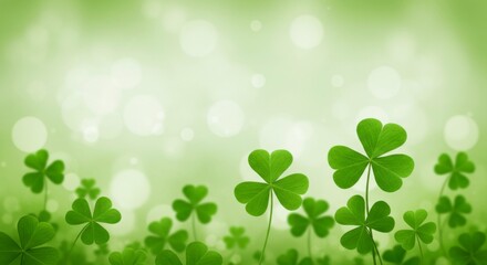 A lush, green scene of shamrocks with soft bokeh background, celebrating St. Patrick's Day