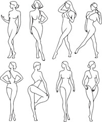 Eight elegant female fashion model poses outline. eps-10