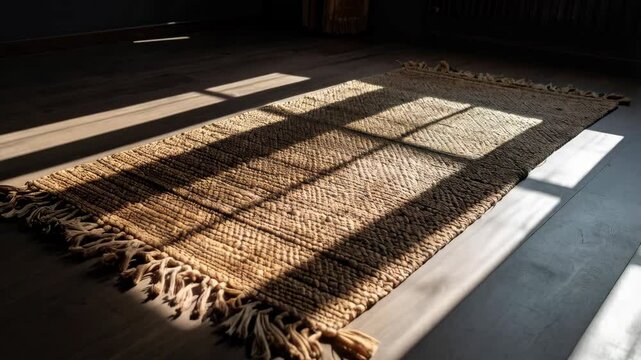 Warm sunlight shining on a jute rug with fringe in a room with dark wood floors, creating an inviting and cozy interior space.