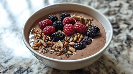 Delicious and Healthy Breakfast Bowl with Berries, Nuts and Chia Seeds