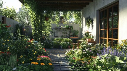 Enchanting garden scene with vibrant flowers and lush greenery under a wooden pergola