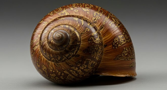A large, spiraled seashell with intricate, golden-brown patterns on a smooth, glossy surface