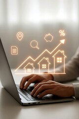 Businessman Analyzing Real Estate Market with Digital Financial Interface on Laptop
