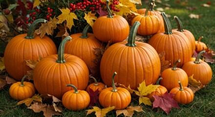 Pumpkins nestled amongst autumn leaves and berries