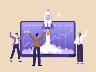 Business Startup Launch Team Celebrating Successful Rocket Launch and Business Growth Represented by Upward Trending Graph on Laptop Screen
