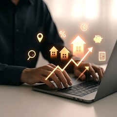 Businessman Analyzing Real Estate Market with Digital Financial Interface on Laptop