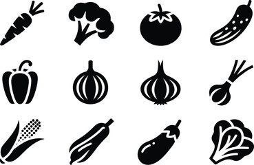Collection of silhouetted vegetables illustrating various healthy food icons for dietary and culinary uses.