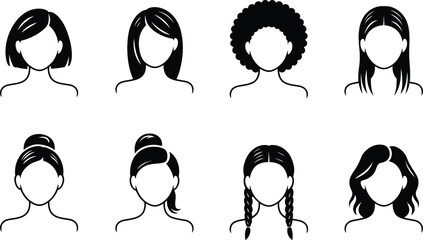 Diverse hairstyles collection in minimalist black and white silhouettes featuring various hair designs