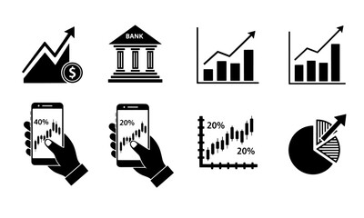 Financial Growth and Mobile Trading Interface Icons. Monochrome icons depicting financial growth, banking, and mobile interfaces for stock market trading.