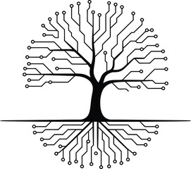 A stylized circuit board tree representing technology growth and data innovation
