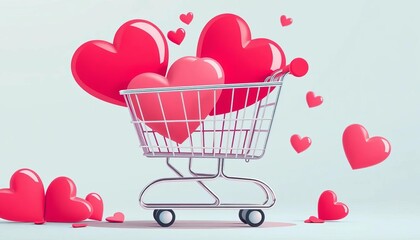 A cartoon flat illustration of a shopping cart with large hearts, representing a romantic sale , minimal, hearts
