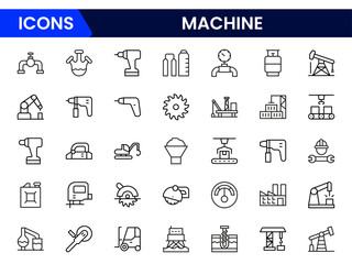 Robust vector web line icons depicting factory machinery, automation, production lines, industrial tools, and efficient manufacturing processes.