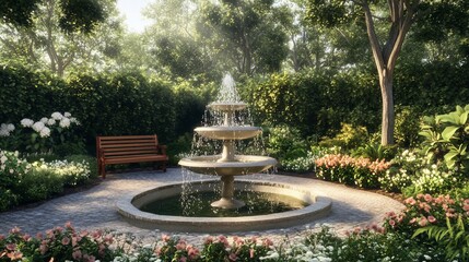Serene Garden Oasis with Flowing Fountain and Blooming Flowers in Daylight