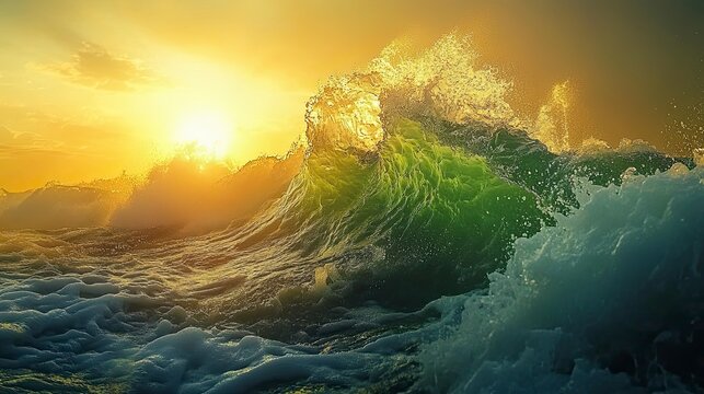 Dramatic sunset over powerful ocean waves