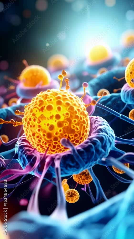 Poster detailed microscopic visualization of a cancer cell interacting with immune cells showcasing the cel