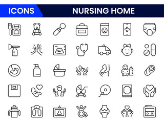 Compassionate vector web line icons depicting nursing home care, elderly support, healthcare, comfort, and community for senior living.