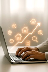 Businessman Analyzing Real Estate Market with Digital Financial Interface on Laptop