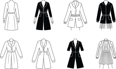 Vector illustration of eight different fashionable women's coats in black and white outlines
