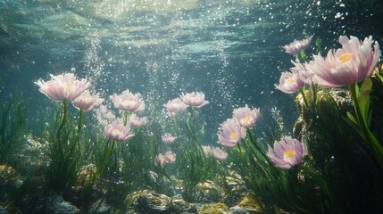 Underwater floral paradise with blooming pink flowers and rising bubbles