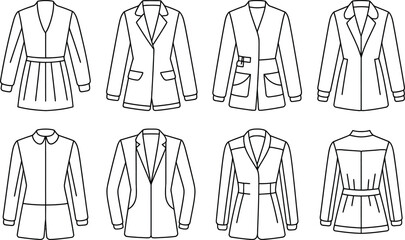 Collection of outlined women's jackets and blazers in minimalist black and white vector design