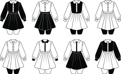 Black and white illustration of stylish vintage dresses for children and youth wear apparel.