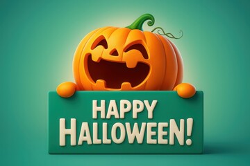 Naklejka premium Happy Halloween Pumpkin with Sign on Teal Background for a Cheerful and Festive Holiday Greeting and Celebration