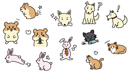 かわいい手描きのペットたち。動物と感情表現のイラストセット