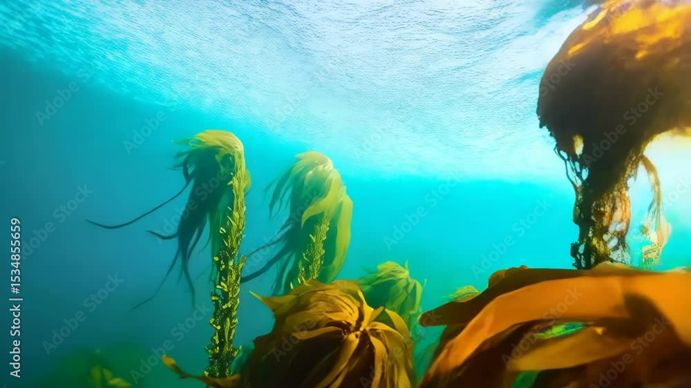 Aufkleber underwater view of golden kelp forest with sunlight filtering through the surface, creating an ether