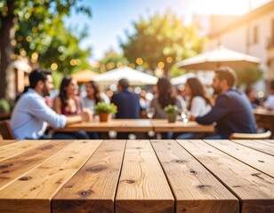 Outdoor cafe scene with wooden table (3)