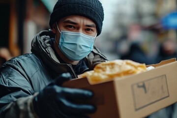 Close-up of a delivery man wearing a face mask handing over a meal to a client., Generative AI