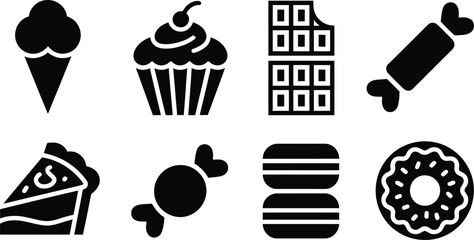 Set of minimalist black and white sweet treats dessert icons for food related designs