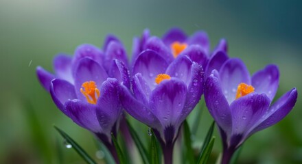 Close-up of vibrant purple crocus blossoms with dew drops, showcasing their delicate petals and bright orange centers against a soft-focus background