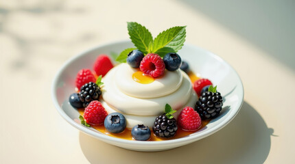 Bowl of creamy yogurt topped with blueberries, raspberries, blackberries, mint leaves, and honey, with scattered berries on the table.