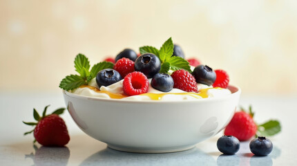 Bowl of creamy yogurt topped with blueberries, raspberries, blackberries, mint leaves, and honey, with scattered berries on the table.