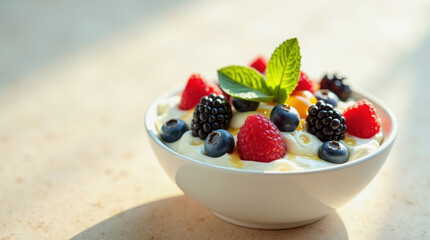 Bowl of creamy yogurt topped with blueberries, raspberries, blackberries, mint leaves, and honey, with scattered berries on the table.